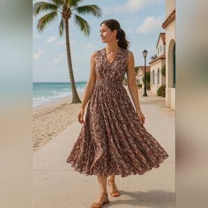 Clelsea And Theodore Boho Chic Paisley Print Midi Maxi Cinched Waist Dress M